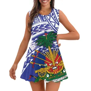 Printing Your Brand Polynesian Tribal Haiti Coat Of Arms Blue Elastic Sleeveless Crew Neck Comfortable Shaping Camisole Skater