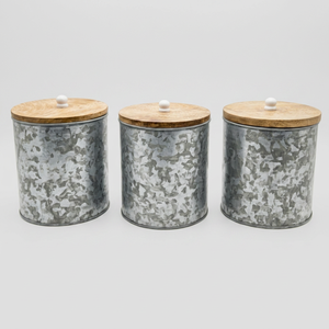 Modern Metal Eco-friendly Food Container Storage Canisters Set of 3 with Wooden Lids <b>Tea</b> <b>Coffee</b> <b>Sugar</b> Labels Round Durable - Product Image 1