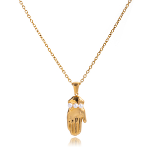 Collar J&D de Acero Inoxidable con Baño de Oro PVD de 18K, Collar Clásico con Colgante de Mano de Fátima y Perla de Cristal - Product Image 6
