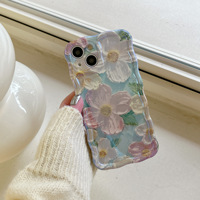 Coque de téléphone en TPU durable et élégante pour filles et femmes, avec motif floral imprimé style peinture à l'huile rétro colorée, bord ondulé mignon et brillant