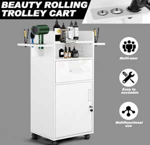 Carrello da Salone in Legno Bianco con Armadietto, Ruote Girevoli <span class=keywords><strong>a</strong></span> 360 Gradi, 3 Cassetti, Portautensili Resistenti al Calore per Parrucchieri - Product Image 4
