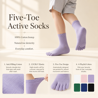 Chaussettes cinq doigts colorées pour enfants, en coton peigné 32S, anti-boulochage, avec Lycra extensible doux, tricot intégré sans couture