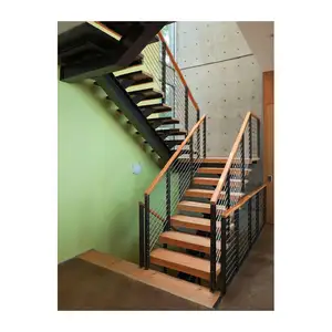 Trilho e alça de madeira, escada mono de aço carbono com cabo de aço inoxidável, revestimento de madeira, escada reta em forma de l