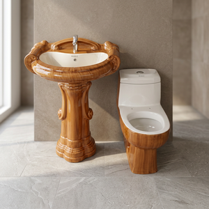 Conjunto de Lavabo de Cerámica Moderno de Diseño Bicolor Blanco con Pedestal de Madera y Inodoro de Una Pieza con Sifón - Product Image 2