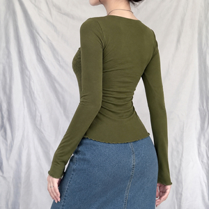 T-shirt femme Y2K en dentelle à manches longues, col en V, froncé, style peplum, coupe ajustée, tricoté en polyester et élasthanne, haut décontracté pour l'automne - Product Image 3