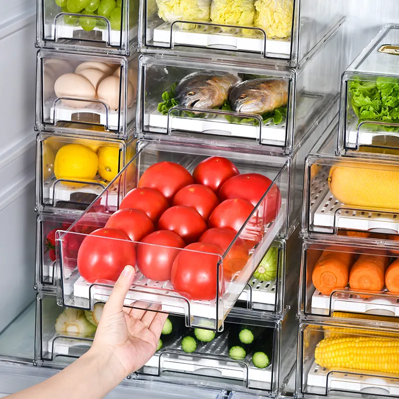 Organizador de alimentos transparente, caixa transparente de armazenamento de alimentos empilhável para animais de estimação, organizador de geladeira, gavetas