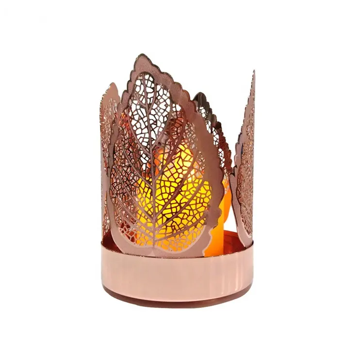 مخصص فريد الليزر قطع شمعدان شجرة يترك نذري الشمعة روز الذهب المعادن شمعدان إضاءة على شكل كوب شاي الفوانيس