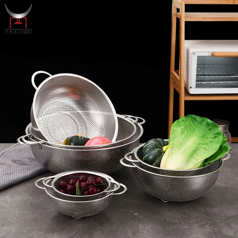 Saringan sayur Stainless Steel, keranjang penyaring untuk Pasta sayuran buah dengan pegangan dapur