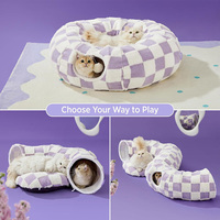 Lit tunnel multifonction 2-en-1 pour chat, adorable grotte en forme de donut avec coussin circulaire lavable, lit de couchage doux en sherpa pour chat