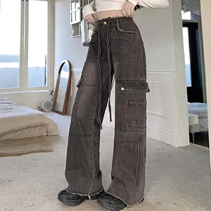 Vintage Women's Washed Raw Edge Pocket Wide Leg Work Denim Pants