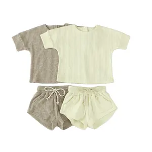 2024 Newborn Unisex Kids Clothes Outfits Two Piece Short Sleeve Infant Set Soft Rib Solid Baby Girl Clothing Set