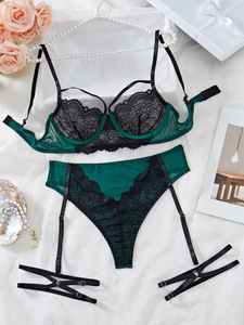 Ensemble de lingerie élégante et sexy pour femmes, vert, en maille transparente, soutien-gorge et culotte, spécial Saint-Valentin - Product Image 6