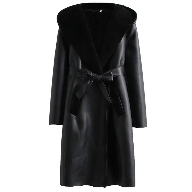 Simplee-veste longue en cuir synthétique pour femmes, grande taille, vêtement d'hiver élégant, décontracté, en fausse fourrure noire, veste à capuche, épaisse, Trench-Coat pour dames