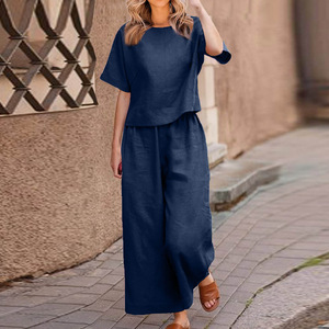 En stock – Nouveauté été 2026 : Ensemble deux pièces femme en coton et lin, t-shirt à manches courtes et pantalon large – Vente en gros - Product Image 3