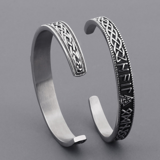 Zhongzhe Factory Men's Mjolnir Bracelet Viking Triangle Knot Odin Script C-shaped Waterproof Stainless Steel Cuff Bracelet