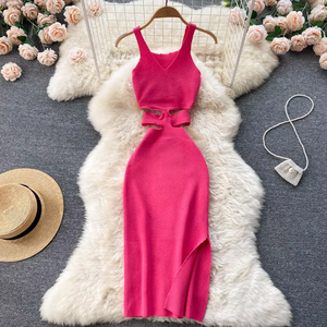 YuooMuoo femmes été droite Sexy coupe taille paquet hanches fendu robe moulante tricoté fête Vestidos robe d'été à la mode - Product Image 4