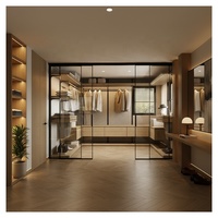 Armoire de chambre à coucher haut de gamme avec étagères ouvertes intégrées, tiroirs, rails de suspension en aluminium, personnalisable