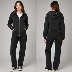 New Washed Hooded Jacket 80% Cotton 20% Polyester, Zip up Applique <strong>Heart</strong> Embroidery Rivet Long Sleeve Hoodie S-M-L - Product Image 2
