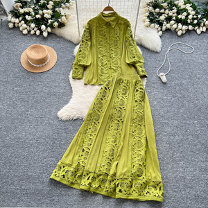 Set Blusa in <span class=keywords><strong>Pizzo</strong></span> e Gonna - Elegante Camicia a Maniche Lunghe + Gonna Midi a Vita Alta Svasata Completo da Donna - Product Image 5