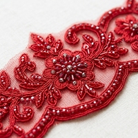 Applique en dentelle brodée perlée pour robe de mariée, rouge, 100 % polyester, patch en dentelle pour robe de soirée, accessoires de vêtements haut de gamme