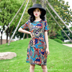 Spring Summer Korean Style Floral Loose Dress O Neck Natural Waist Polyester Women's Plus Size Curvy Middle Aged Mothers Trendy - Product Image 3