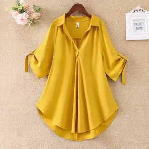 High Quality Popular Styles Solid Colour Short Sleeve Turtleneck Collar Chiffon Plus Size Women Blouse Shirt Top For Sale
