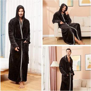 <strong>Mens</strong> Robes Big Tall Hood Two Tone Flannel Fleece Contrast Bathrobe Full Length Plush Long <strong>House</strong> <strong>Coat</strong> 100 Polyester - Product Image 5