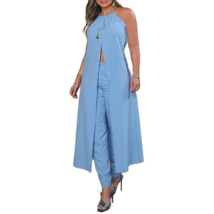 Ensemble haut ample sans manches uni dos nu et pantalon taille haute pour femme – Tendance - Product Image 2