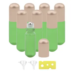 1/6 Oz الأخضر فارغة إعادة الملء اسطوانة زجاج زجاجات للزيوت الأساسية مع الفولاذ المقاوم للصدأ الكرة روز غطاء ذهبي للعطور/Aromat
