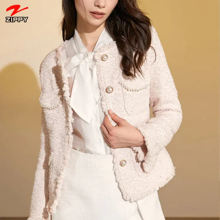 Winter Long Coat Damen Lady Pink Frayed Edge Flap Pocket Tweed Button Up Jacke für Frauen