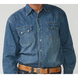 Màu ngọc Lam Lục giác denim ngọc trai Snap Áo sơ mi unisex Snap Nút Áo sơ mi cổ điển màu ngọc lam Snap phía trước áo sơ mi denim phương Tây