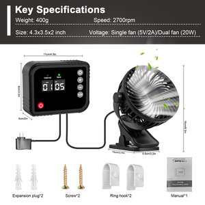 Ventilador oscilante con clip, pantalla digital, rotación de 360°, control de temporizador eléctrico, ventilador de refrigeración para invernadero, para espacios de cultivo de plantas en interiores. - Product Image 6