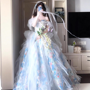 Floral Print Off-The-Shoulder Chiffon Ball Gown Empire Waistline Evening Dress For Women With Veil And Bouquet - Product Image 2