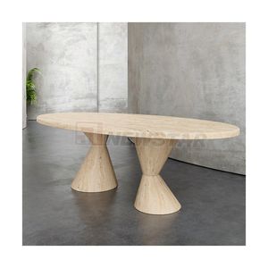 Newstar бежевый травертин и белый мрамор элегантный домашний декор Овальный каменный обеденный стол с двухконической основой для пьедестала - Product Image 2