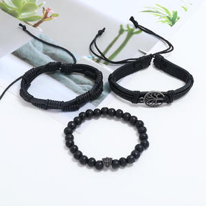 Bracelets en cuir tressé avec perles en bois Arbre de Vie noir, ensemble de bracelets en cuir noir multi-couches pour hommes, vente en gros - Product Image 5