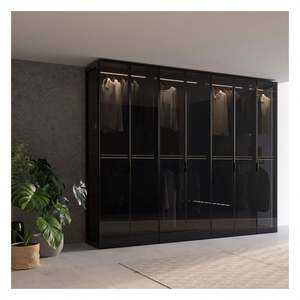 Armoire moderne en bois massif avec panneaux de verre encadrés d'aluminium noir et décoration de barre lumineuse - Product Image 2