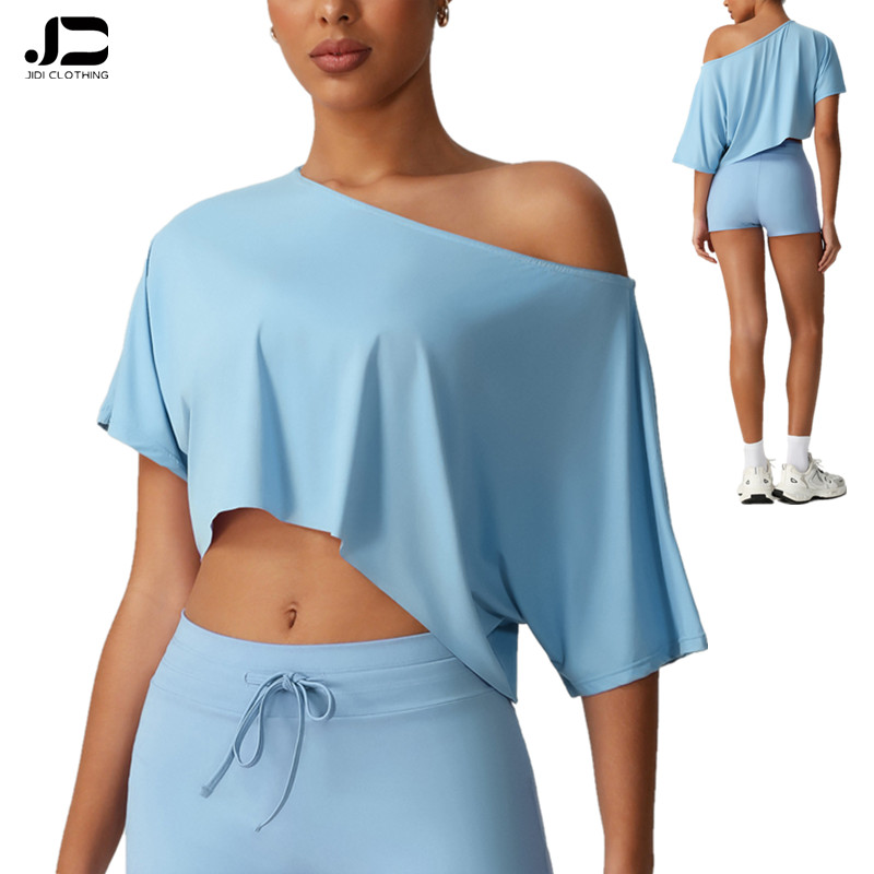 Fashion Naked Feel Quick-Dry Soft Short Sleeve T-Shirt Women's Off-Shoulder Casual Sports Loose Crop Tops Gym Fitness Yoga Tops