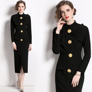 Robe de soirée élégante 2026 à col nœud, boutons dorés, manches longues, moulante, fendue, pour le bureau - Product Image 3