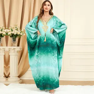 Factory Kaftan Women Dubai Latest Fashion Tassel Batwing Sleeves Abaya Leaves Printing Maxi Dress Kimono Arab Dresses Ramada