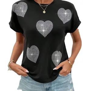 Wholesale Manufacturer Round Neck Short Sleeve T Shirt Top Fashion Designer Bling Bling Rhinestone Hearts T Shirt For Women