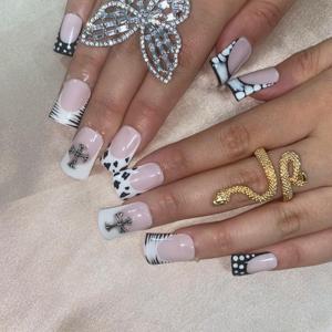 <span class=keywords><strong>Uñas</strong></span> Postizas Acrílicas Reutilizables de Longitud Media con Diseño de Animales en Rosa Pastel, Estampado de Zebra y <span class=keywords><strong>Vaca</strong></span>, Forma de Pato y Adorno de Diamantes de Imitación - Product Image 6