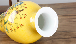 Florero de cerámica hecho a mano <span class=keywords><strong>con</strong></span> diseño de pájaro y flor antiguo, jarrón amarillo pequeño de porcelana fina para decoración del hogar - Product Image 3