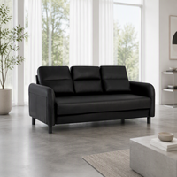 Sofa Kulit PU Modern 3 Dudukan Dengan Kantong Penyimpanan di Sisi Lengan Kaki Hitam Sofa 3 Dudukan Kompak untuk Ruang Tamu Kantor