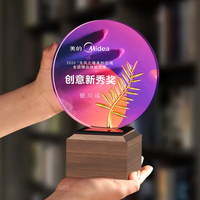 Trophée de plaque en cristal circulaire avec impression couleur HBL, trophée en bois avec sublimation, plaques de trophée en bois avec base en bois
