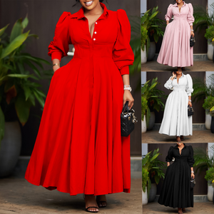 D570 أزياء أنيقة فساتين غير رسمية للنساء الصيف لون واحد أكمام طويلة خط قميص طويل فستان السيدات فستان مكتب للنساء - Product Image 1