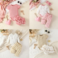 Vente en gros de costume de chambre décontracté en coton pour bébé fille, ensemble de trois pièces avec nœud mignon, vêtements pour bébés de 0 à 1 an