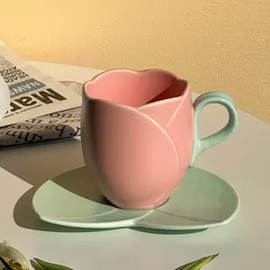 كوب قهوة بطبعة زهور التيوليب بالصحن بالجملة كوب شاي الظهيرة الفرنسي أنيق على شكل زهرة سعة 300 مل
