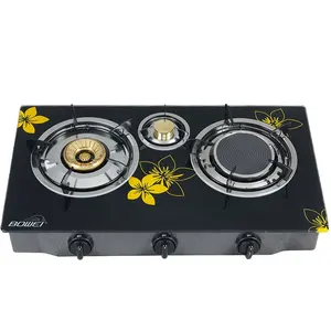 Energy-saving flower tempered glass top gas stove portable 3 burner Gas stove indoor gas stove good cleaning