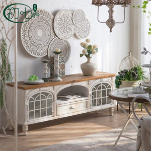 Mueble de TV Minimalista Estilo Francés con Gabinete de Almacenamiento para Sala de Estar, Apartamento Pequeño, Diseño Vintage Desgastado A2519 - Product Image 1