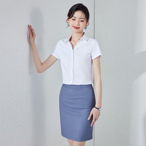 Women's Professional Short Sleeve Shirt Button Down Poplin Workwear Commuting Style Slim Fit Blue Black Midi Skirt Set - Product Image 2